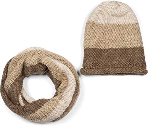 styleBREAKER Unisex Strick Loop Schal und Mütze Set mit Streifen Muster, Strickschal mit Beanie Strickmütze, Winter 01018215, Farbe:Braun-Beige von styleBREAKER