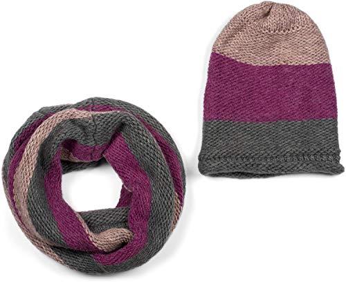 styleBREAKER Unisex Strick Loop Schal und Mütze Set mit Streifen Muster, Strickschal mit Beanie Strickmütze, Winter 01018215, Farbe:Grau-Himbeer-Altrose von styleBREAKER