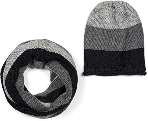 styleBREAKER Unisex Strick Loop Schal und Mütze Set mit Streifen Muster, Strickschal mit Beanie Strickmütze, Winter 01018215, Farbe:Grau-Schwarz von styleBREAKER