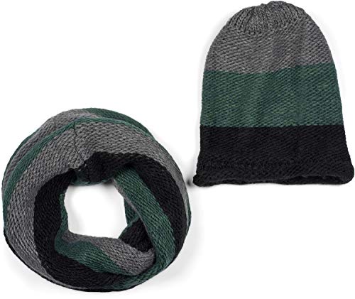 styleBREAKER Unisex Strick Loop Schal und Mütze Set mit Streifen Muster, Strickschal mit Beanie Strickmütze, Winter 01018215, Farbe:Schwarz-Grün-Grau von styleBREAKER