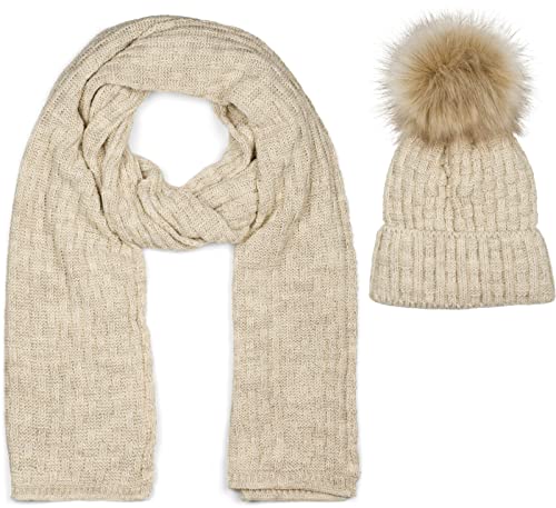 styleBREAKER Unisex Strick Schal und Mütze Set mit Flecht Muster, Thermo-Fleece Innenfutter, Winter 01018212, Farbe:Beige von styleBREAKER