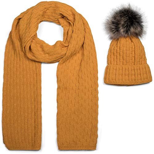 styleBREAKER Unisex Strick Schal und Mütze Set mit Flecht Muster, Thermo-Fleece Innenfutter, Winter 01018212, Farbe:Curry von styleBREAKER