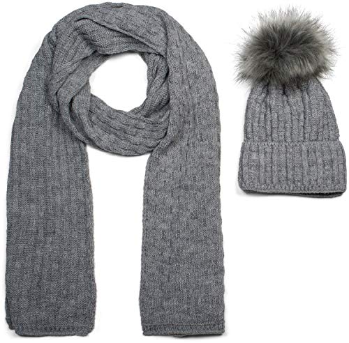 styleBREAKER Unisex Strick Schal und Mütze Set mit Flecht Muster, Thermo-Fleece Innenfutter, Winter 01018212, Farbe:Grau meliert von styleBREAKER