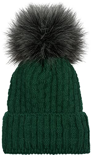 styleBREAKER Unisex warme Strick Bommelmütze mit Flecht Muster und Fleece Futter, Winter Fellbommel Mütze 04024171, Farbe:Dunkelgrün von styleBREAKER