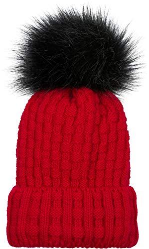 styleBREAKER Unisex warme Strick Bommelmütze mit Flecht Muster und Fleece Futter, Winter Fellbommel Mütze 04024171, Farbe:Rot von styleBREAKER