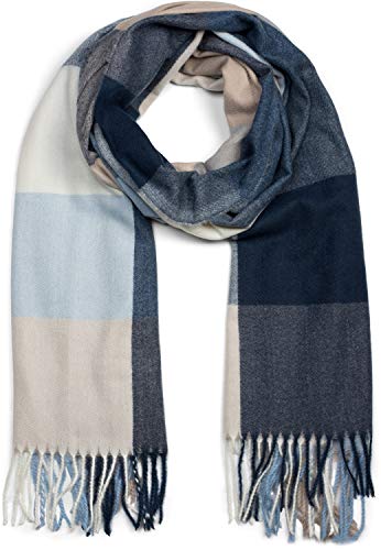 styleBREAKER Unisex weicher Karo Schal mit langen Fransen, bunt kariert, warme Winter Stola mehrfarbig 01017110, Farbe:Blau-Beige-Weiß von styleBREAKER