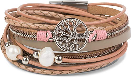 styleBREAKER Wickelarmband mit Perlen, Ketten, Flechtelement und Lebensbaum Anhänger, Magnetverschluss, Armband, Damen 05040070, Farbe:Altrose-Rose von styleBREAKER