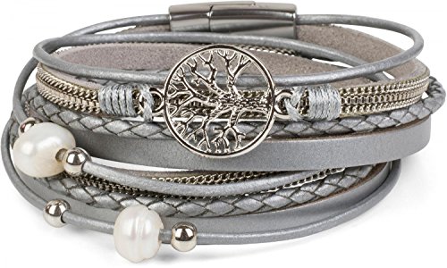 styleBREAKER Wickelarmband mit Perlen, Ketten, Flechtelement und Lebensbaum Anhänger, Magnetverschluss, Armband, Damen 05040070, Farbe:Hellgrau-Silber von styleBREAKER