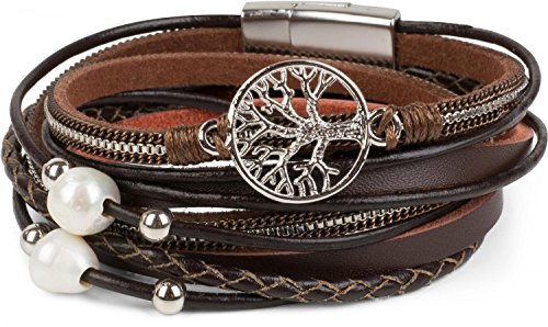 styleBREAKER Wickelarmband mit Perlen, Ketten, Flechtelement und Lebensbaum Anhänger, Magnetverschluss, Armband, Damen 05040070, Farbe:Dunkelbraun von styleBREAKER