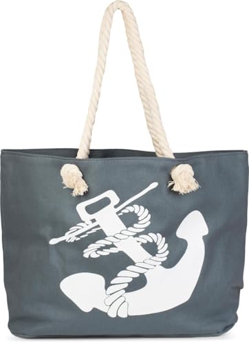 styleBREAKER XXL Strandtasche mit Anker Print | maritimer Look in Flechtoptik | Shopper Badetasche 57 x 33 x 32 cm, Farbe:Dunkelgrau-Weiß von styleBREAKER