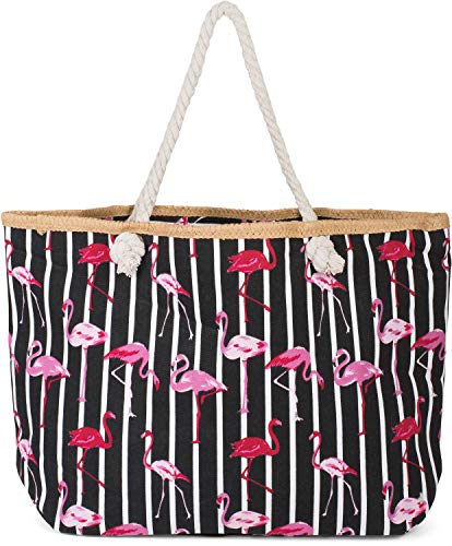 styleBREAKER XXL Strandtasche mit Streifen Flamingo Print und Reißverschluss, Schultertasche, Shopper, Damen 02012252, Farbe:Schwarz-Weiß von styleBREAKER