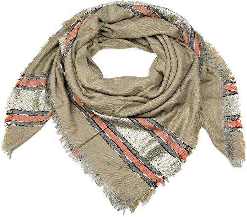 styleBREAKER XXL Viereckstuch mit Pailletten und Streifen, Fransen, Winter Schal, Tuch, Damen 01017056, Farbe:Beige von styleBREAKER