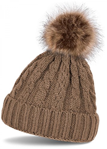 styleBREAKER Zopfmuster Bommelmütze, Strickmütze mit Fellbommel, Winter Beanie Mütze, Unisex 04024064, Farbe:Braun von styleBREAKER