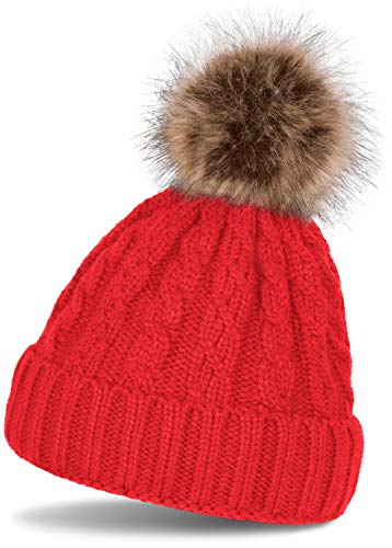 styleBREAKER Zopfmuster Bommelmütze, Strickmütze mit Fellbommel, Winter Beanie Mütze, Unisex 04024064, Farbe:Rot von styleBREAKER