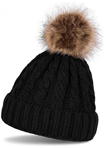 styleBREAKER Zopfmuster Bommelmütze, Strickmütze mit Fellbommel, Winter Beanie Mütze, Unisex 04024064, Farbe:Schwarz von styleBREAKER