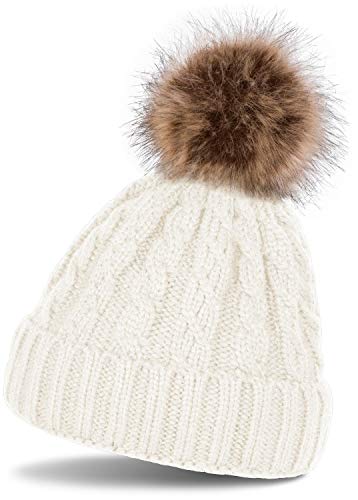 styleBREAKER Zopfmuster Bommelmütze, Strickmütze mit Fellbommel, Winter Beanie Mütze, Unisex 04024064, Farbe:Weiß (Creme-Weiß) von styleBREAKER