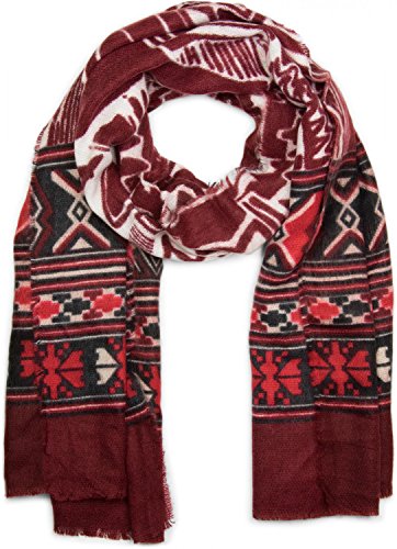 styleBREAKER breiter XXL Schal mit Azteken Ethno Boho Muster und Fransen, Strickschal, Unisex 01017026, Farbe:Bordeaux-Rot-Creme-Schwarz-Weiß von styleBREAKER