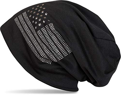 styleBREAKER Beanie Mütze USA Flaggen Design mit Strass-Applikationen, Unisex, Jersey leicht Übergang Frühling Herbst, Farbe:Schwarz von styleBREAKER