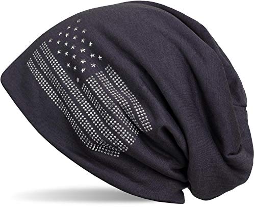 styleBREAKER Beanie Mütze USA Flaggen Design mit Strass-Applikationen, Unisex, Jersey leicht Übergang Frühling Herbst, Farbe:Anthrazit von styleBREAKER