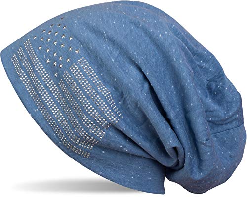 styleBREAKER Beanie Mütze USA Flaggen Design mit Strass-Applikationen, Unisex, Jersey leicht Übergang Frühling Herbst, Farbe:Jeansblau meliert von styleBREAKER