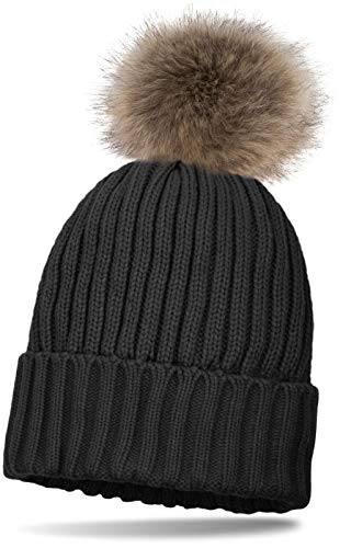 styleBREAKER Kinder Strick Bommelmütze mit Perlrippen Muster und Thermo-Fleece Futter, Winter Strickmütze mit Kunstfell Bommel 04024031, Farbe:Dunkelgrau von styleBREAKER