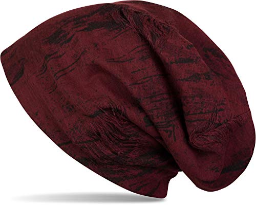 styleBREAKER gemusterte Beanie Mütze im Destroyed Vintage Used Look, Slouch Longbeanie, Unisex 04024068, Farbe:Bordeaux-Rot von styleBREAKER