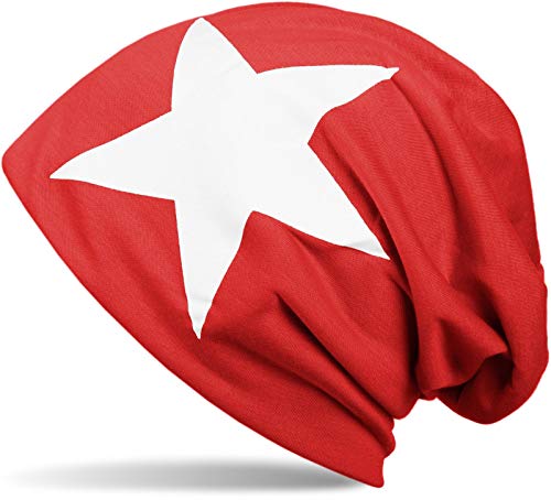 styleBREAKER Unisex Stoff Beanie Mütze mit Stern Print, Stretch Slouch Longbeanie 04024038, Farbe:Rot-Weiß von styleBREAKER