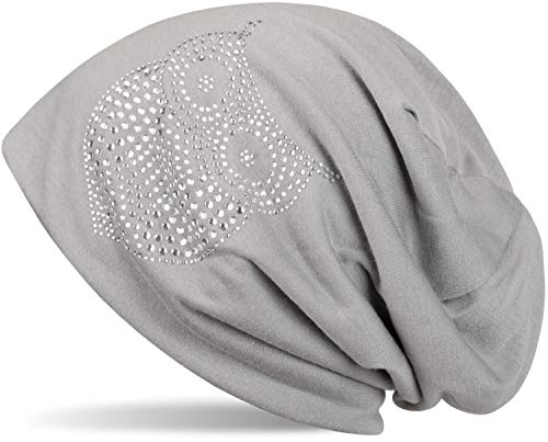 styleBREAKER Klassische Beanie Mütze mit Strass Eulen Applikation, Damen 04024039, Farbe:Hellgrau von styleBREAKER