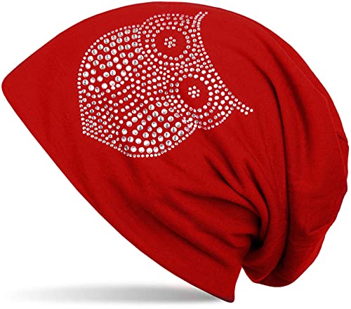 styleBREAKER Klassische Beanie Mütze mit Strass Eulen Applikation, Damen 04024039, Farbe:Rot von styleBREAKER