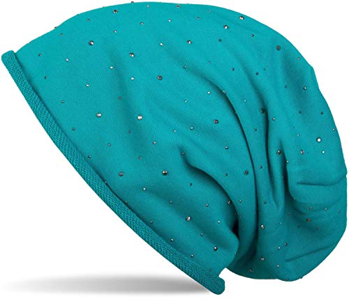 styleBREAKER Damen Beanie Mütze mit Strass-Nieten Applikation und Rollrand, warm 04024024, Farbe:Türkis-Blau von styleBREAKER