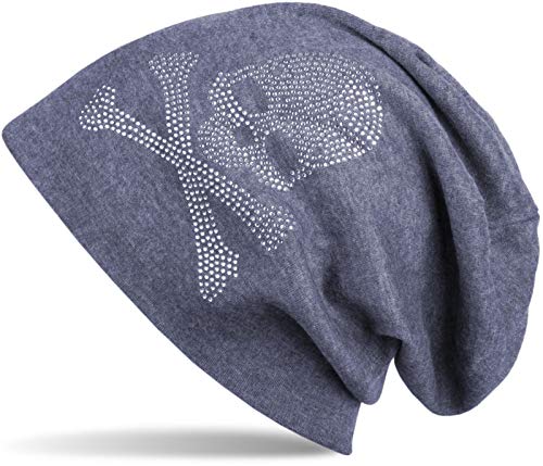 styleBREAKER Klassische Beanie Mütze mit Totenkopf Strass Applikation, Unisex 04024034, Farbe:Jeansblau meliert, Materialart:warm von styleBREAKER