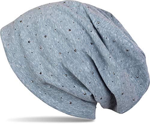 styleBREAKER Damen Beanie Mütze mit edler Strass-Nieten Applikation, Longbeanie Slouch 04024037, Farbe:Blau meliert/Used Look von styleBREAKER