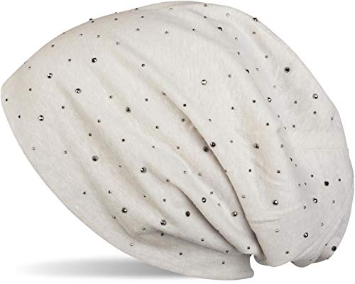 styleBREAKER Damen Beanie Mütze mit edler Strass-Nieten Applikation, Longbeanie Slouch 04024037, Farbe:Creme-Beige von styleBREAKER