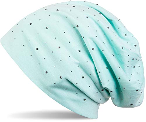 styleBREAKER Damen Beanie Mütze mit edler Strass-Nieten Applikation, Longbeanie Slouch 04024037, Farbe:Mint von styleBREAKER