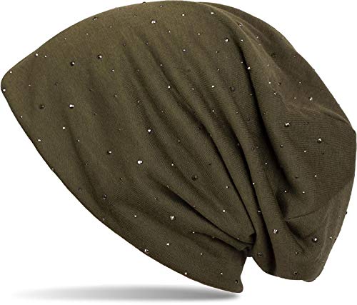 styleBREAKER Damen Beanie Mütze mit edler Strass-Nieten Applikation, Longbeanie Slouch 04024037, Farbe:Oliv von styleBREAKER