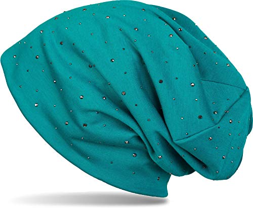 styleBREAKER Damen Beanie Mütze mit edler Strass-Nieten Applikation, Longbeanie Slouch 04024037, Farbe:Petrol von styleBREAKER