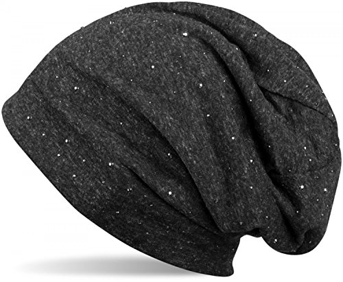 styleBREAKER Damen Beanie Mütze mit edler Strass-Nieten Applikation, Longbeanie Slouch 04024037, Farbe:Schwarz meliert/Used Look von styleBREAKER
