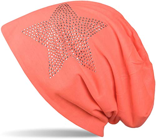 styleBREAKER Klassische leichte Unisex Beanie Mütze mit Stern Strass Applikation 04024019, Farbe:Neonorange von styleBREAKER