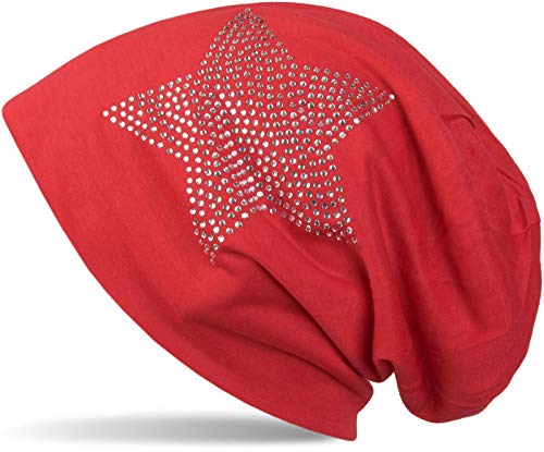 styleBREAKER Klassische leichte Unisex Beanie Mütze mit Stern Strass Applikation 04024019, Farbe:Rot von styleBREAKER