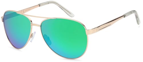 styleBREAKER polarisierte Flieger Sonnenbrille, Pilotenbrille mit Federscharnier, Etui und Putztuch, Unisex 09020046, Farbe:Gestell Hellgold/Glas Grün-Blau-Lila verspiegelt von styleBREAKER