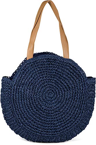 styleBREAKER runde Korbflecht Schultertasche, Strandtasche mit Langen Henkeln, Flechttasche, Tasche geflochten, Shopper, Damen 02012232, Farbe:Dunkelblau von styleBREAKER