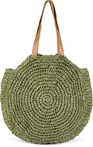 styleBREAKER runde Korbflecht Schultertasche, Strandtasche mit Langen Henkeln, Flechttasche, Tasche geflochten, Shopper, Damen 02012232, Farbe:Oliv von styleBREAKER