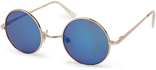 styleBREAKER Unisex Sonnenbrille kleine runde Gläsern und filigranem Metall Rahmen, Schmale Ausführung, Federscharniere 09020065, Farbe:Gestell Gold/Glas Blau verspiegelt von styleBREAKER