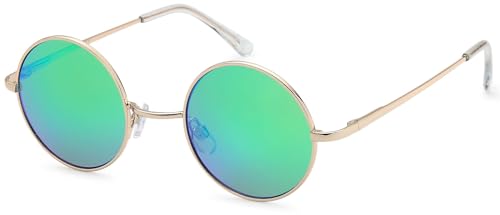 styleBREAKER Unisex Sonnenbrille kleine runde Gläsern und filigranem Metall Rahmen, Schmale Ausführung, Federscharniere 09020065, Farbe:Gestell Gold/Glas Grün-Blau verspiegelt von styleBREAKER