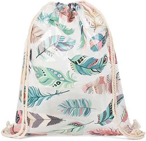 styleBREAKER transparenter Turnbeutel mit Feder Print auf der Vorderseite, wasserabweisend, Sportbeutel, Rucksack, Beutel, Damen 02012251, Farbe:Mehrfarbig von styleBREAKER