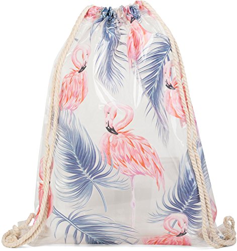 styleBREAKER transparenter Turnbeutel mit Flamingo und Palmen Print, wasserabweisend, Sportbeutel, Rucksack, Beutel, Unisex 02012250, Farbe:Rosa-Blau von styleBREAKER