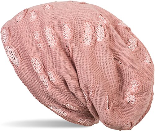 styleBREAKER warme Feinstrick Beanie Mütze im Destroyed Pailletten Look und weichem Fleece Innenfutter, Slouch Longbeanie, Damen 04024127, Farbe:Altrose von styleBREAKER