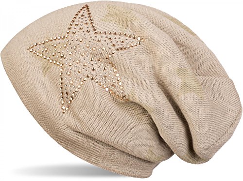 styleBREAKER warme Feinstrick Beanie Mütze mit All Over Stern Muster, Strass Stern und sehr weichem Fleece Innenfutter, Unisex 04024084, Farbe:Beige von styleBREAKER