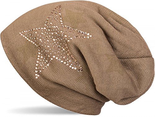 styleBREAKER warme Feinstrick Beanie Mütze mit All Over Stern Muster, Strass Stern und sehr weichem Fleece Innenfutter, Unisex 04024084, Farbe:Braun von styleBREAKER