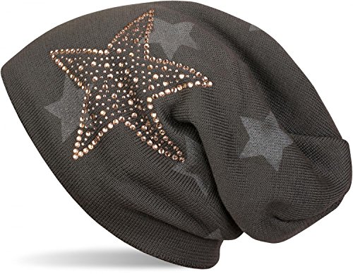 styleBREAKER warme Feinstrick Beanie Mütze mit All Over Stern Muster, Strass Stern und sehr weichem Fleece Innenfutter, Unisex 04024084, Farbe:Dunkelgrau von styleBREAKER